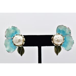 Vendome Vintage Blue Enamel Flower Faux Pearl Clip On Earrings Signed 50s BinBK